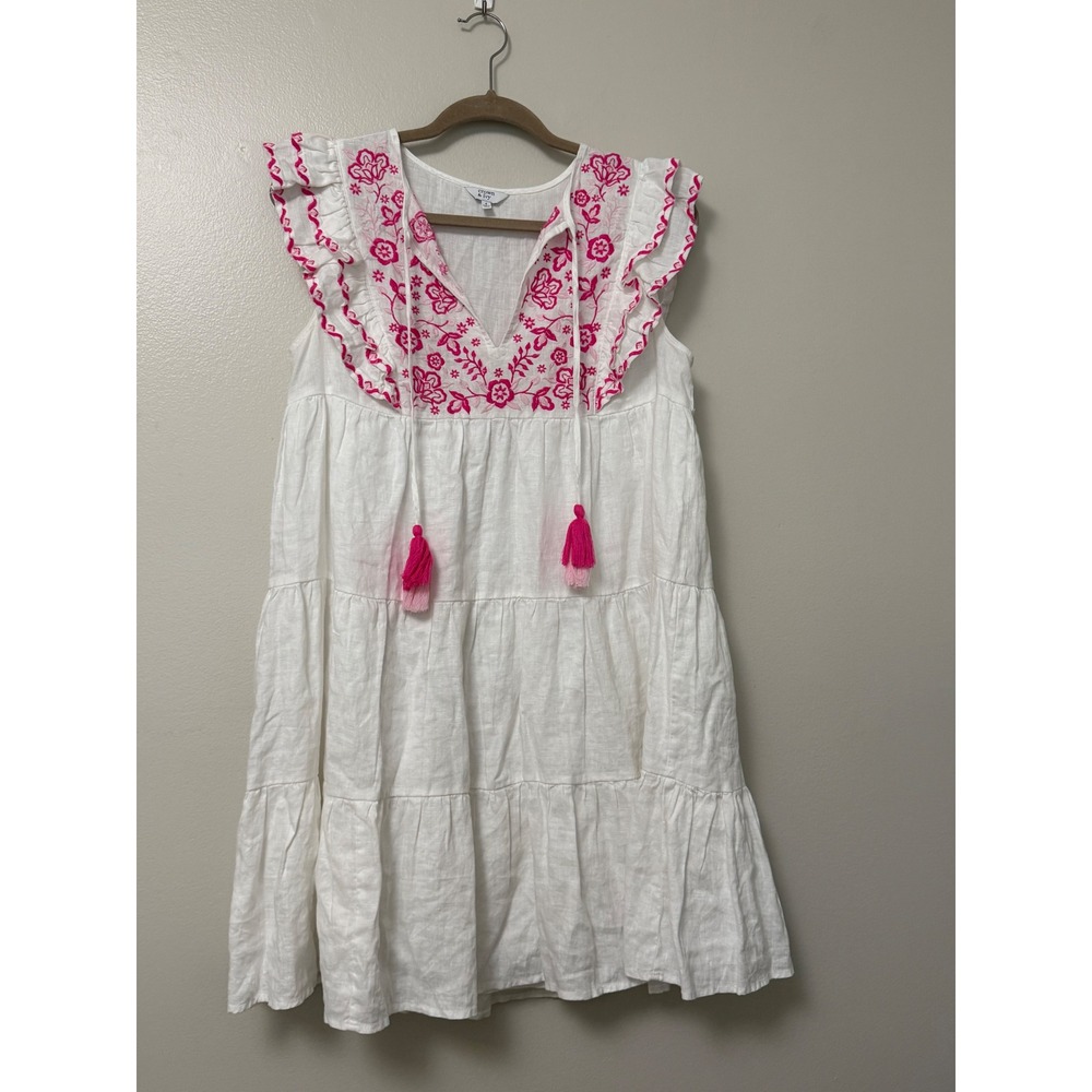 Crown & Ivy White Linen Pink Embroidered Tiered Mini Dress Sleeveless Tassel S